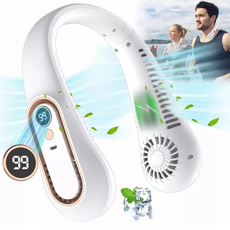 7000mAh Hanging Neck Fan USB Portable Bladeless Mini Hanging Neck Fan LED Digital Display Rechargeable Fan Cooling Tool