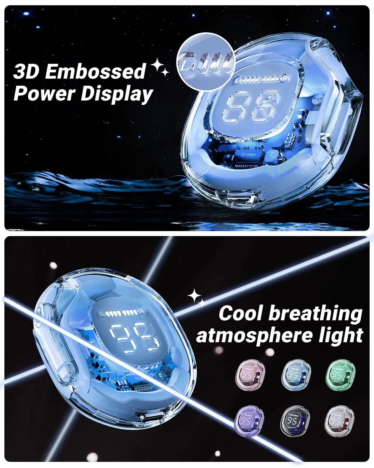 T8 Pro Transparent Bluetooth Earbuds with LED Display