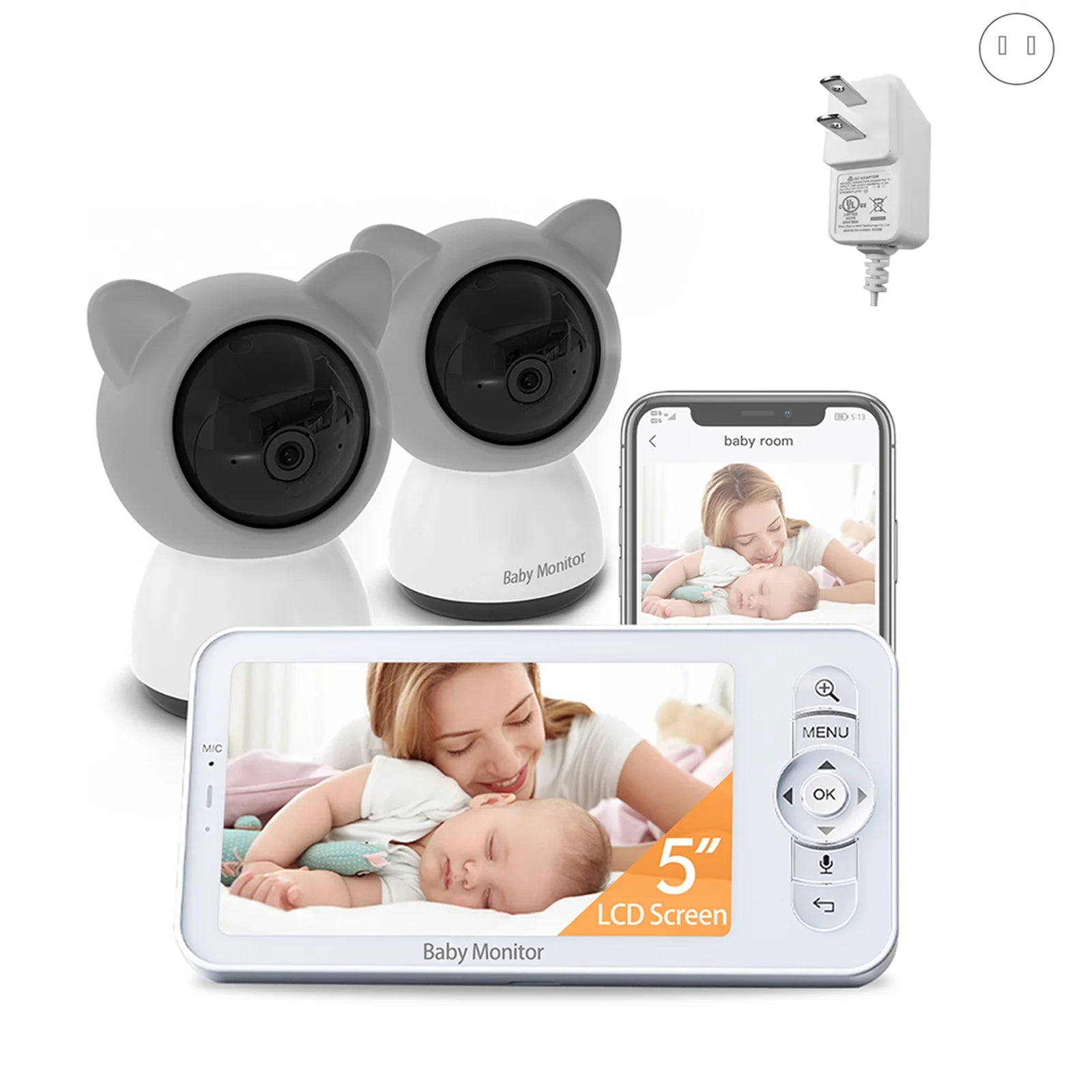 Babystar 5-inch LCD baby monitor with two cameras, supports split screen, WiFi smartphone video dual camera, mobile APP control