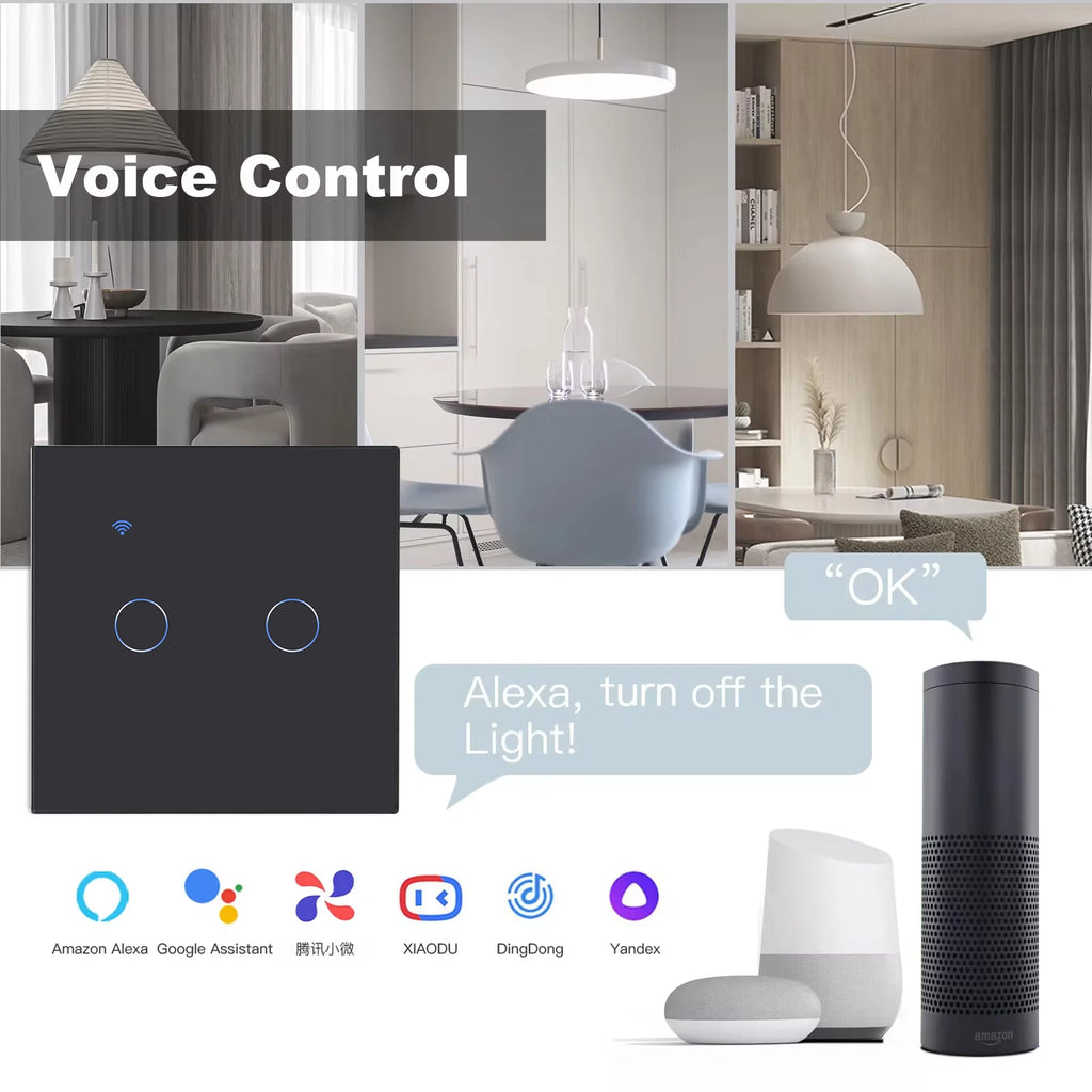 BSEED 1/2/3Gang Wifi Touch Switches With Capacitor 2Way For Stairs Corridors Lamps Tuya Smart Life Alexa App Control  2Pack