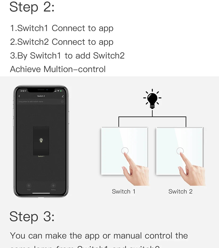 BSEED 1/2/3Gang Wifi Touch Switches With Capacitor 2Way For Stairs Corridors Lamps Tuya Smart Life Alexa App Control  2Pack