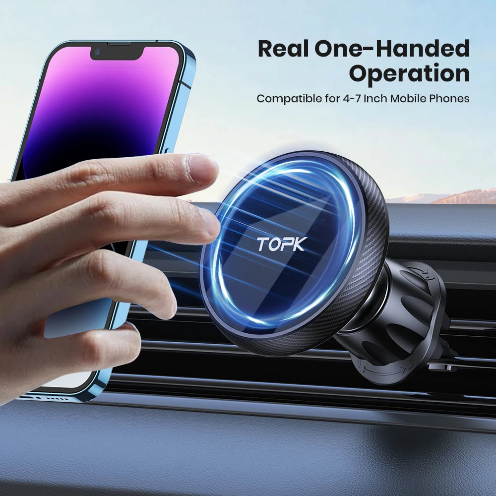 TOPK for Magsafe Car Phone Holder Powerful Magnetism Premium Quality Single-Hand Operation Metal Hook Magnetic Car Phone Mount