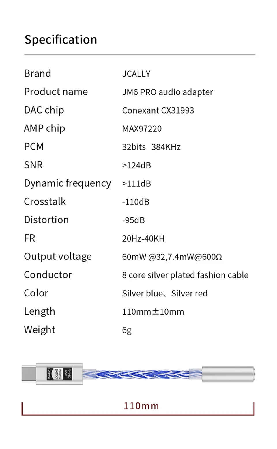 JCALLY JM6 Pro USB-C to 3.5mm HiFi DAC Headphone Adapter