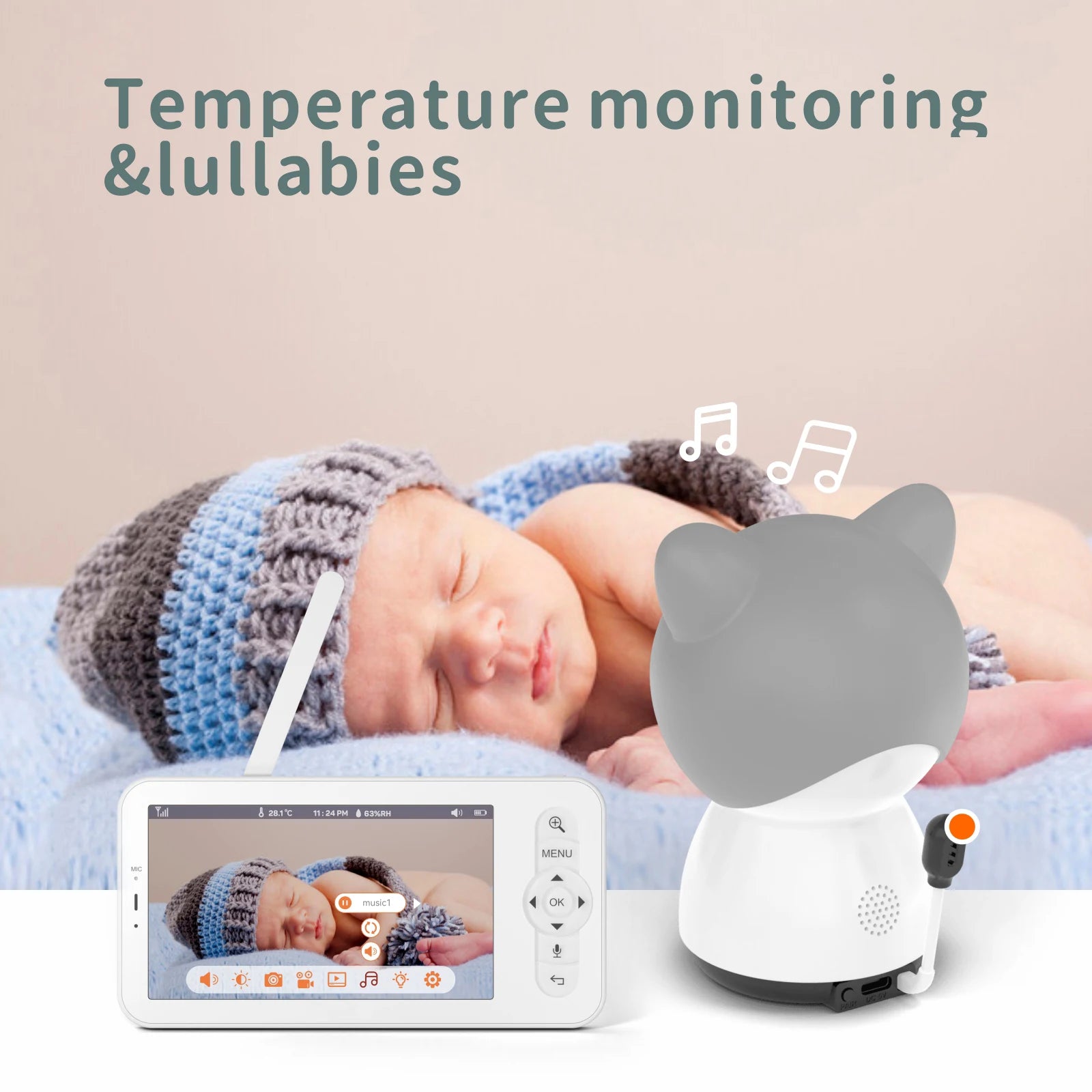 Babystar 5-inch LCD baby monitor with two cameras, supports split screen, WiFi smartphone video dual camera, mobile APP control