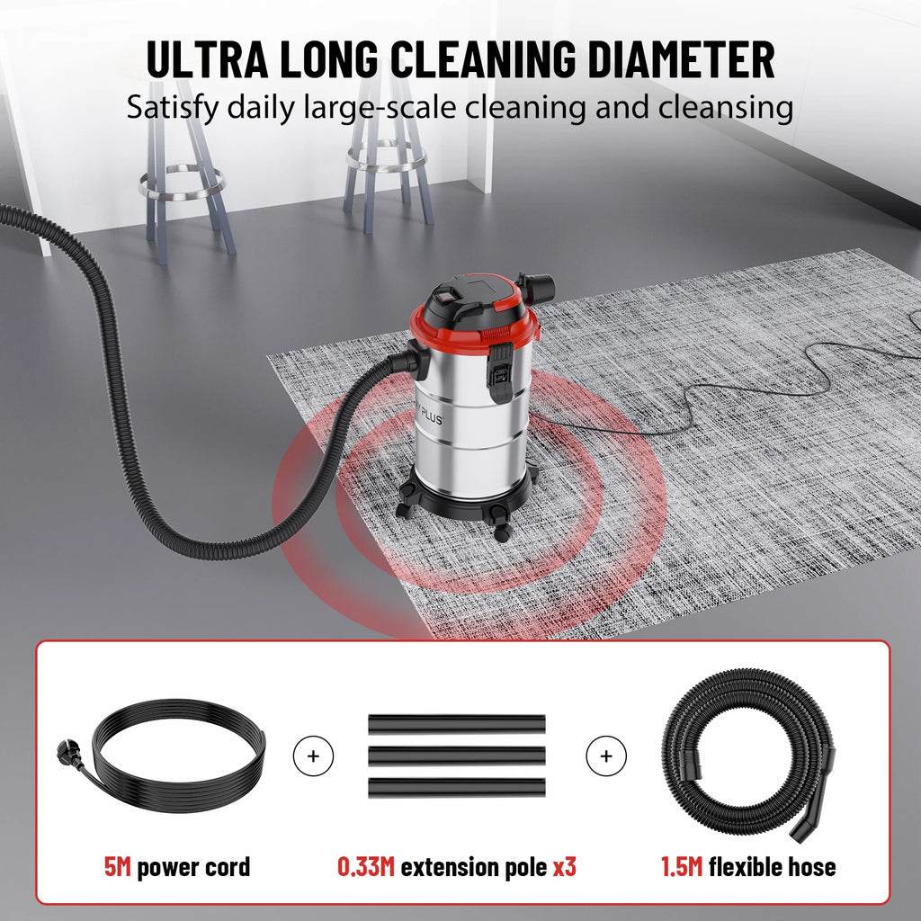 Wet & Dry Vacuum Cleaner 20L 6000W 20kpa 3 In 1 Blower Cleaning Portable Powerful Suction Industrial Vacuum with 4 Caster Wheels