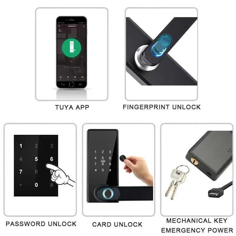 Support 8 Languages Fingerprint Lock Smart Door Lock For 150 Users Capacity Household  Tuya Intelligent Life APP Control