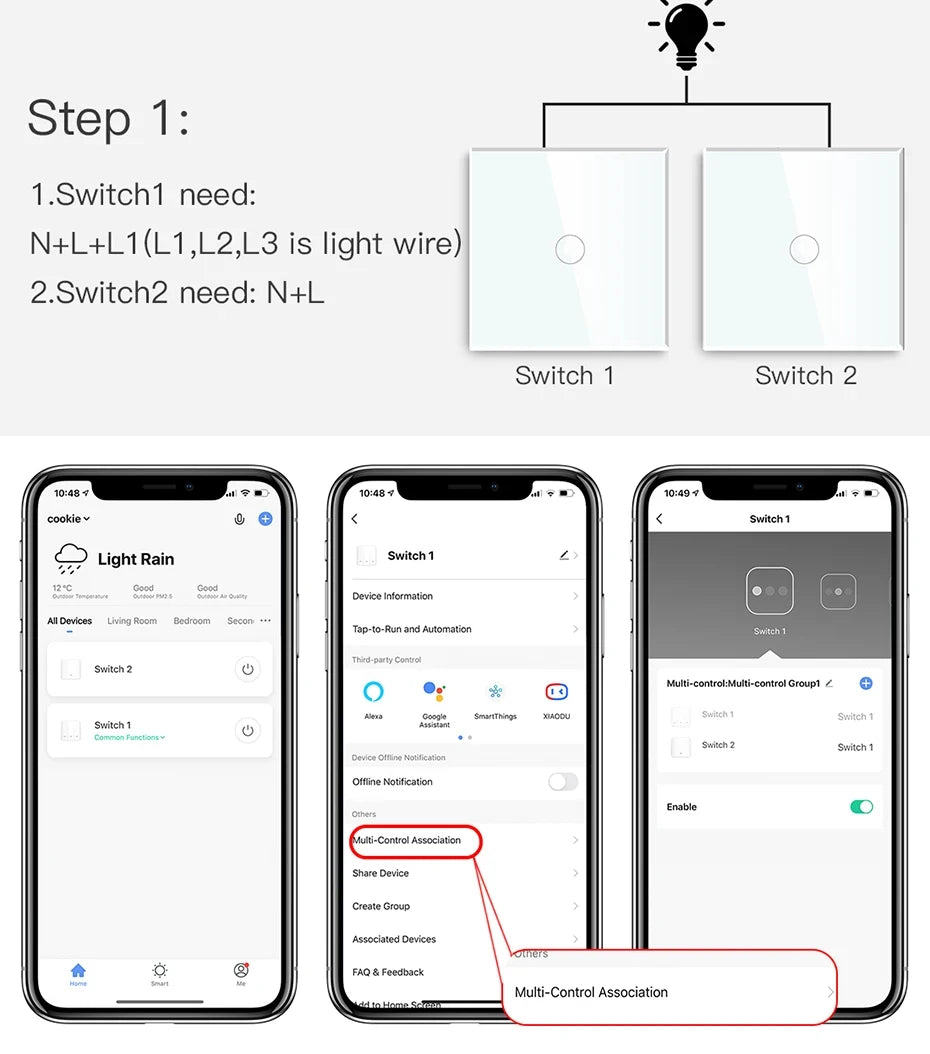 BSEED 1/2/3Gang Wifi Touch Switches With Capacitor 2Way For Stairs Corridors Lamps Tuya Smart Life Alexa App Control  2Pack