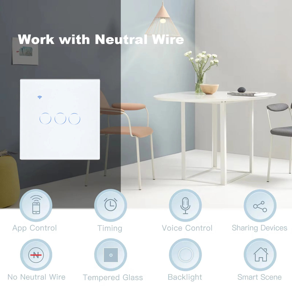 BSEED 1/2/3Gang Wifi Touch Switches With Capacitor 2Way For Stairs Corridors Lamps Tuya Smart Life Alexa App Control  2Pack