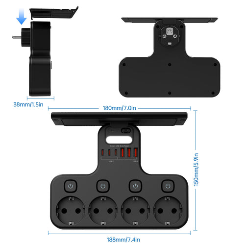 4000W EU Multifunction Socket Smart Night Light Individual Switch EU Plug 4 AC Power Strip with Phone Holder 2 USB-A 2 USB-C