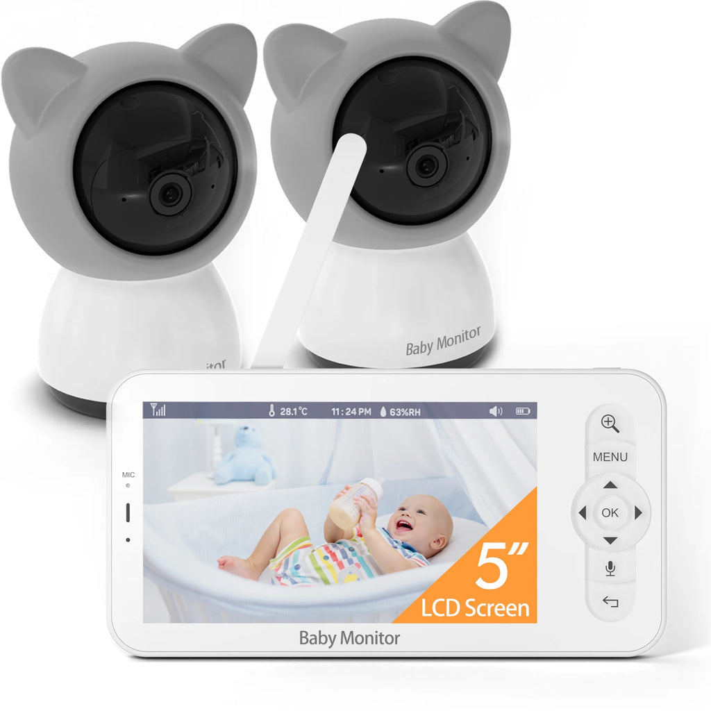 Babystar 5-inch LCD baby monitor with two cameras, supports split screen, WiFi smartphone video dual camera, mobile APP control