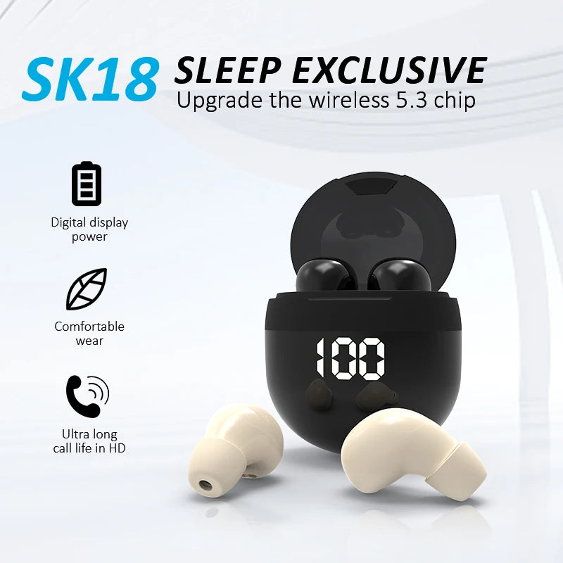 HOMEFISH SK18 Mini Sleep Wireless Earbuds, Bluetooth 5.3, Invisible In-Ear, Digital Display, Noise Cancelling for Side Sleepers