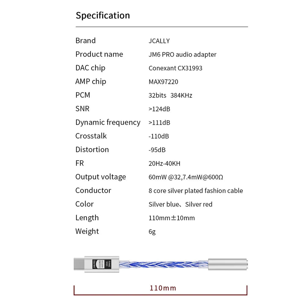 JCALLY JM6 Pro USB-C to 3.5mm HiFi DAC Headphone Adapter