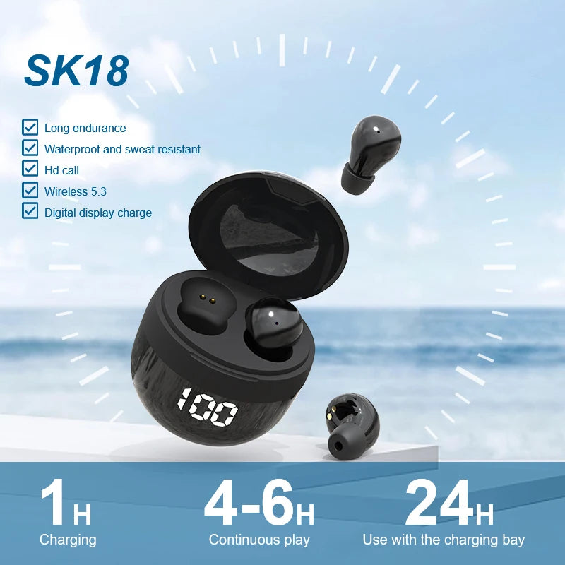 HOMEFISH SK18 Mini Sleep Wireless Earbuds, Bluetooth 5.3, Invisible In-Ear, Digital Display, Noise Cancelling for Side Sleepers