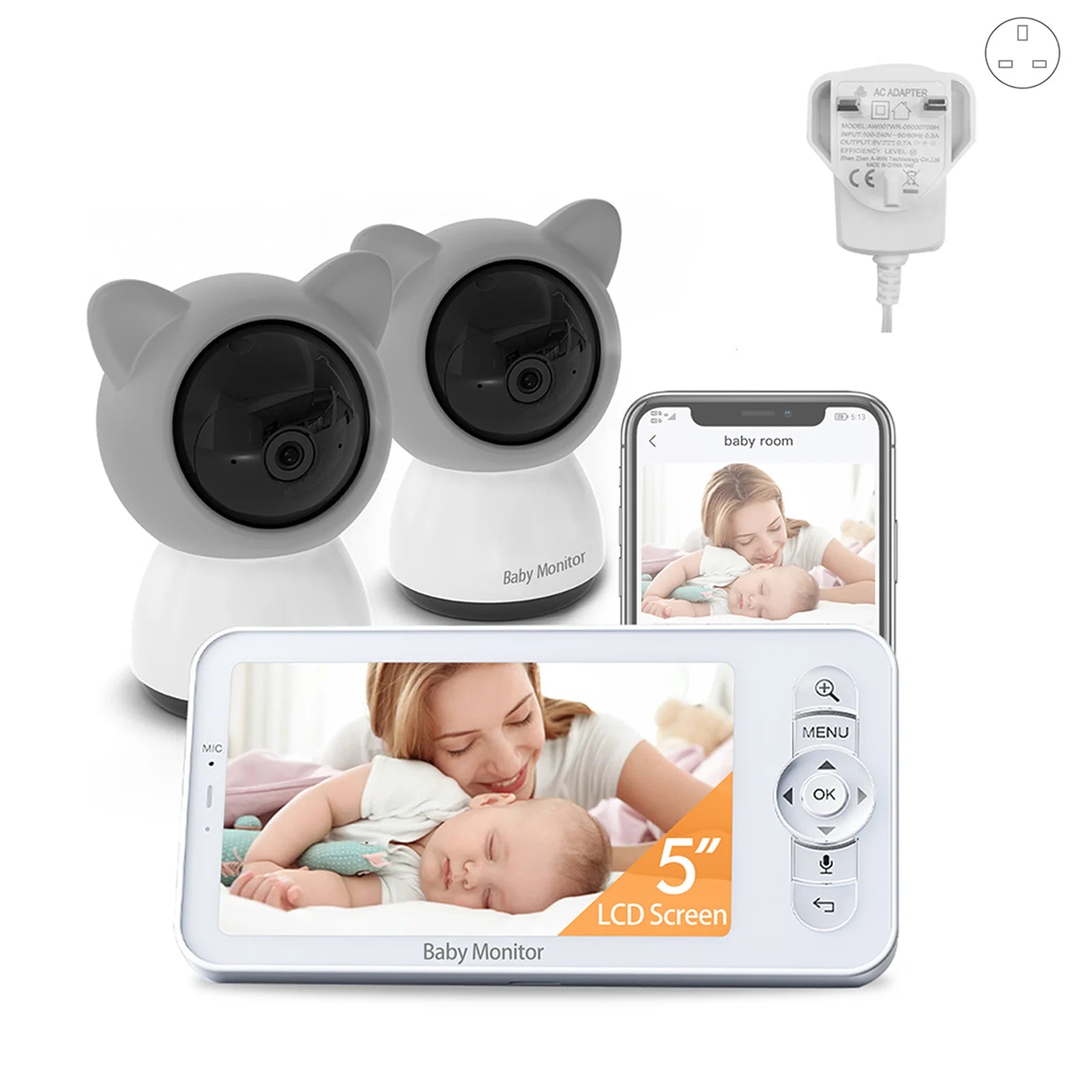 Babystar 5-inch LCD baby monitor with two cameras, supports split screen, WiFi smartphone video dual camera, mobile APP control