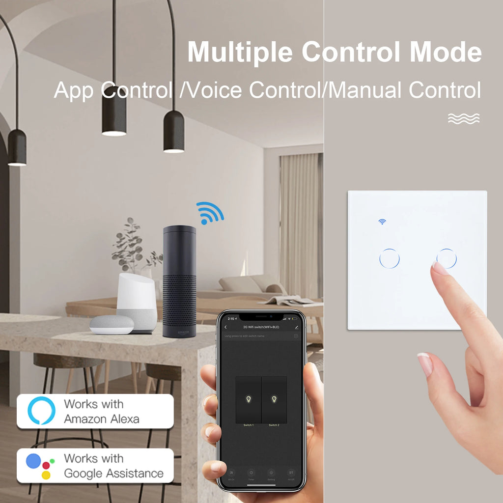 BSEED 1/2/3Gang Wifi Touch Switches With Capacitor 2Way For Stairs Corridors Lamps Tuya Smart Life Alexa App Control  2Pack