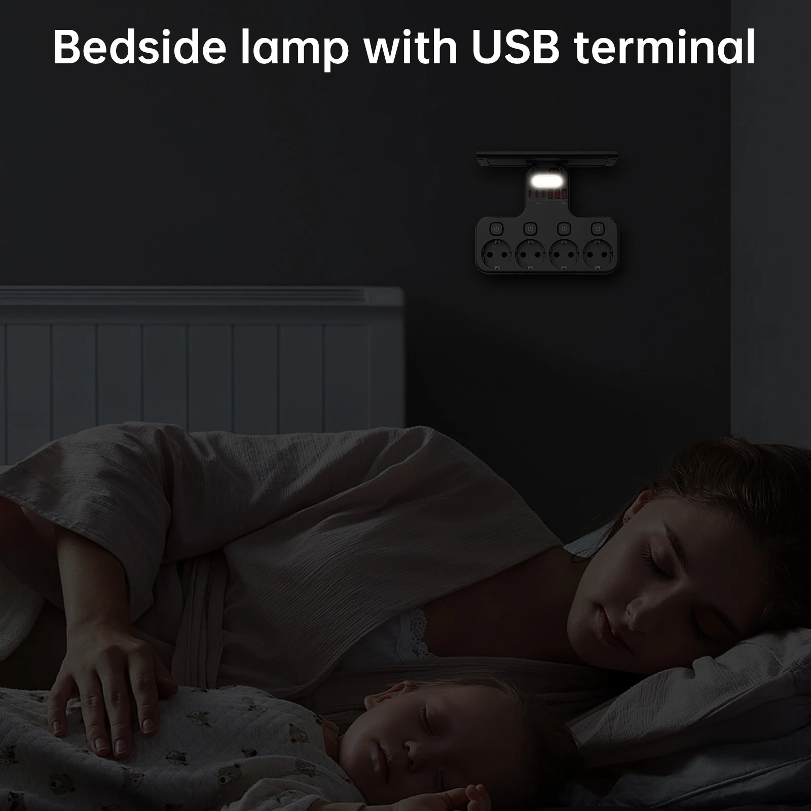 4000W EU Multifunction Socket Smart Night Light Individual Switch EU Plug 4 AC Power Strip with Phone Holder 2 USB-A 2 USB-C