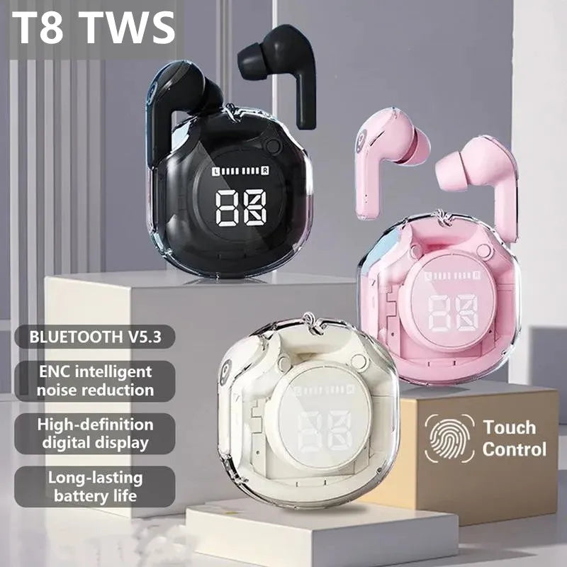 T8 Pro Transparent Bluetooth Earbuds with LED Display