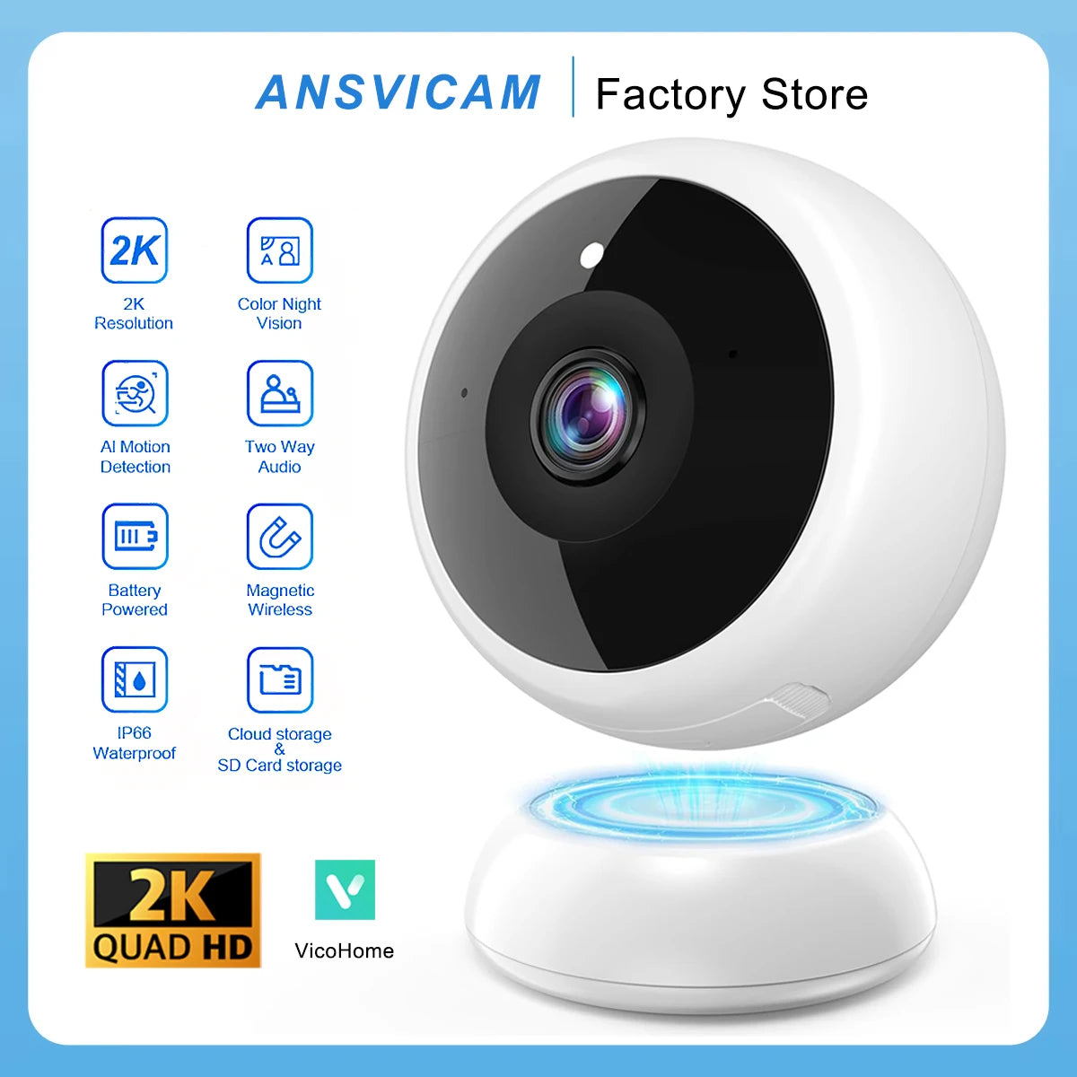 ANSVICAM 2K WiFi IP Camera Outdoor Magnetic Battery Security Camera Indoor Color Night Vision Waterproof Wireless Surveillance