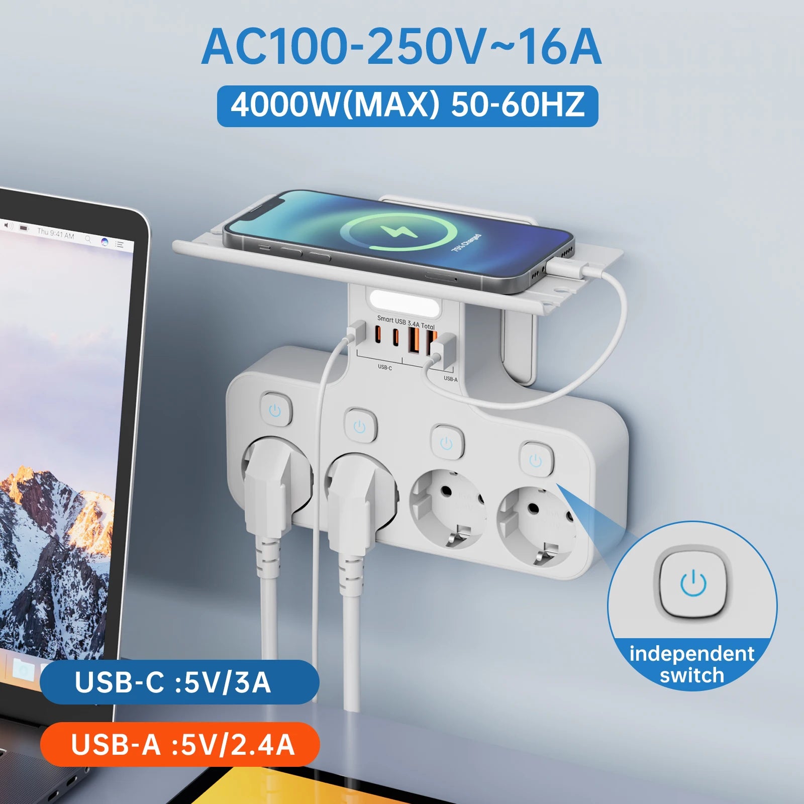 4000W EU Multifunction Socket Smart Night Light Individual Switch EU Plug 4 AC Power Strip with Phone Holder 2 USB-A 2 USB-C