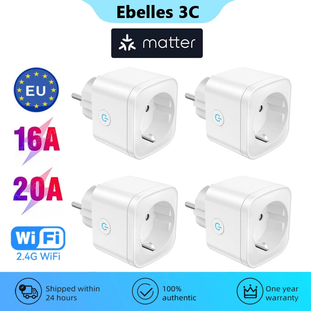 Matter WiFi Smart Plug 16A/20A EU Smart Socket Home Appliance Plug Adapter Timing for HomeKit SmartThings Alexa Google Siri