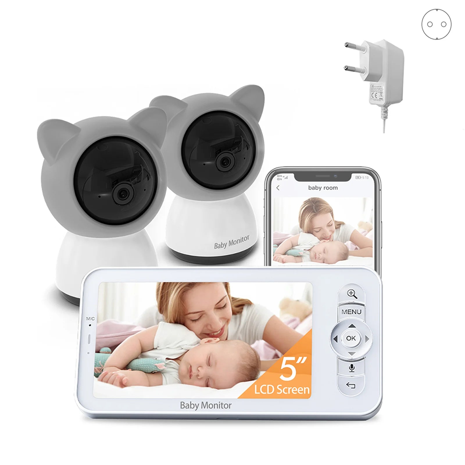 Babystar 5-inch LCD baby monitor with two cameras, supports split screen, WiFi smartphone video dual camera, mobile APP control