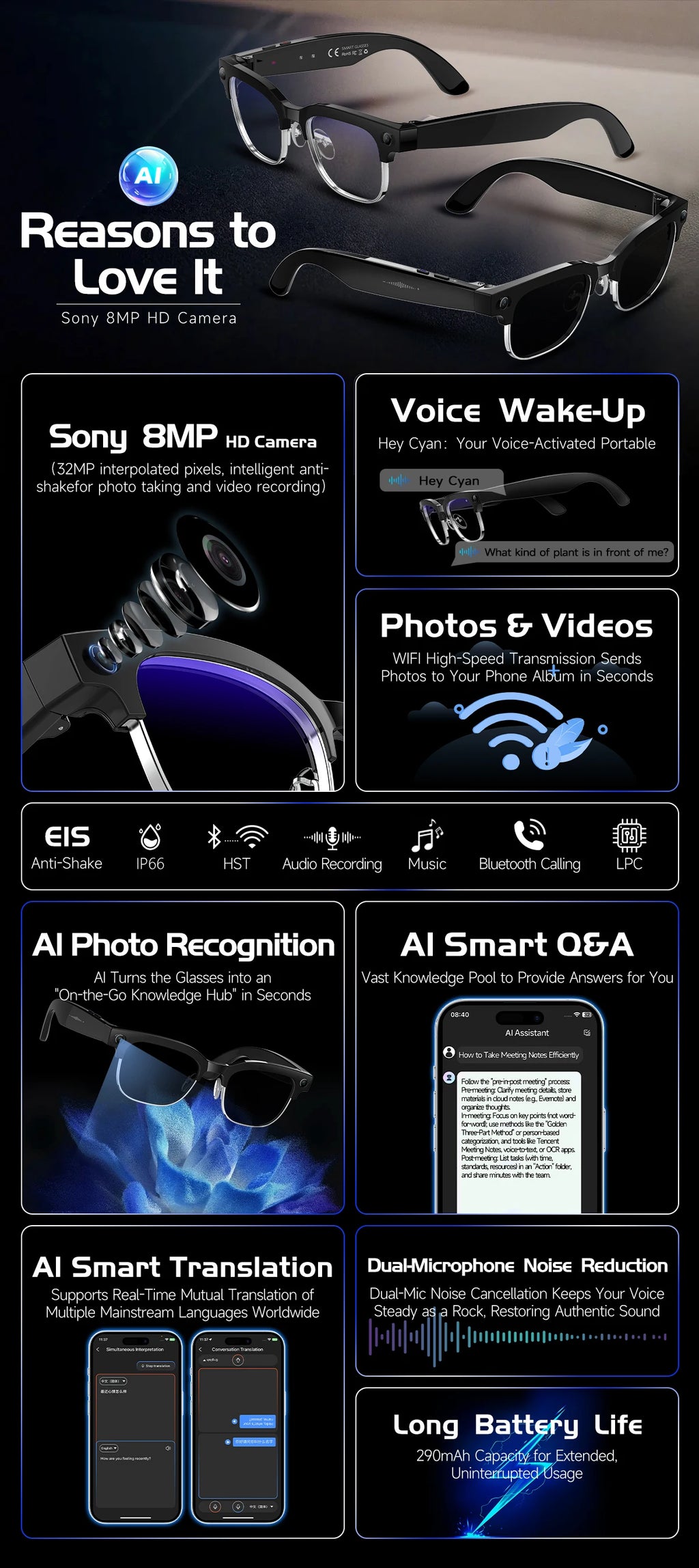 2026 World Premiere 4K HD Camera AI Smart Glasses 800W Pixel Camera 1080P Video AI Photo Recognition Call Travel abroad Glasses