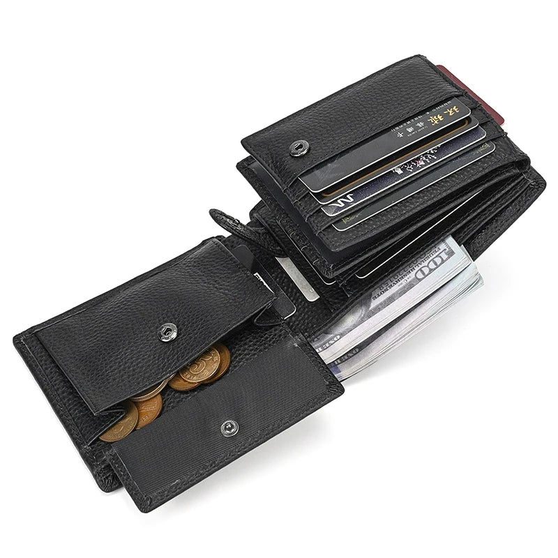 Cow Leather Men‘s Short Wallet Hasp Genuine Leather Unisex Women Zipper Coin Clutch Purse Cowhide Card Holder Trifold Man wallet