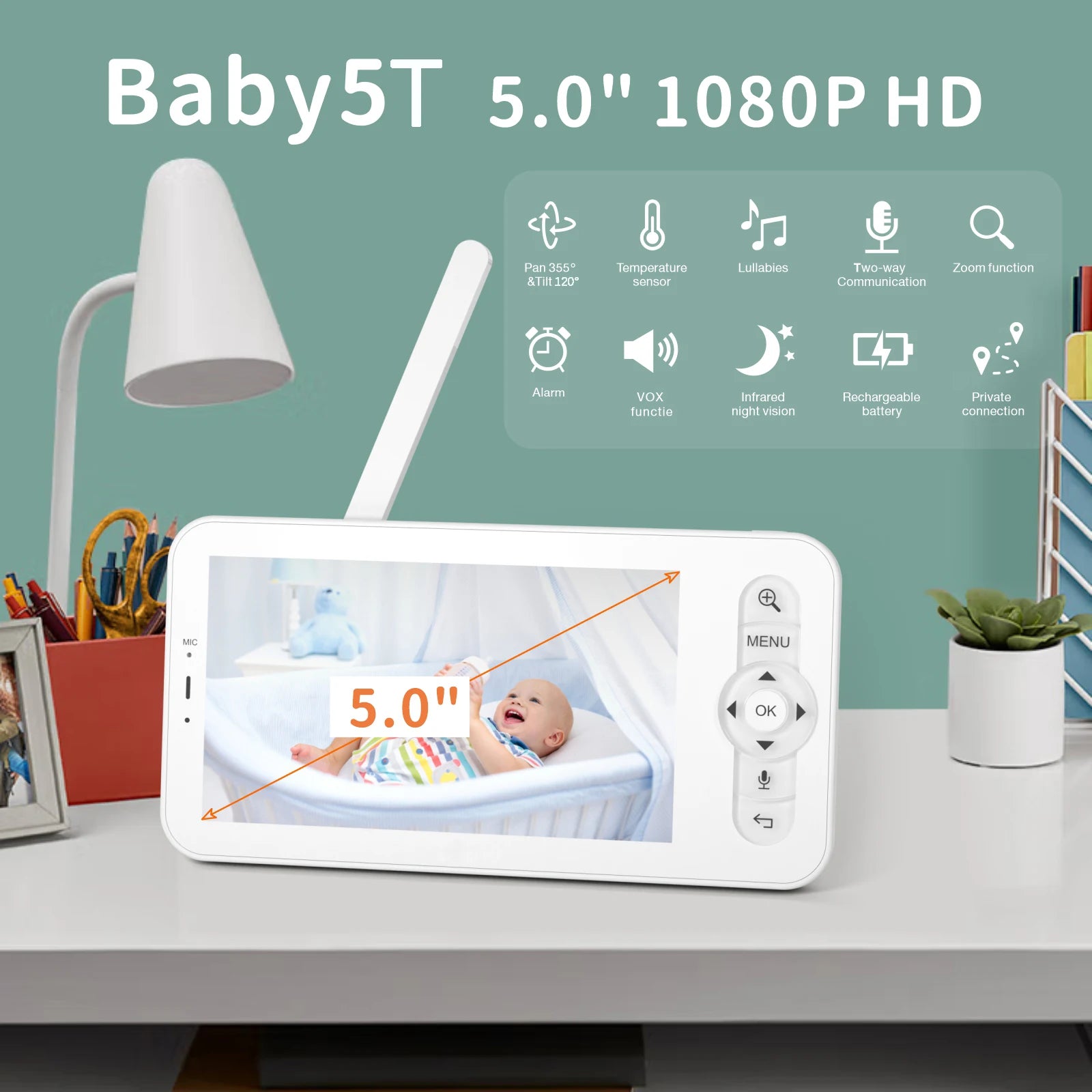 Babystar 5-inch LCD baby monitor with two cameras, supports split screen, WiFi smartphone video dual camera, mobile APP control