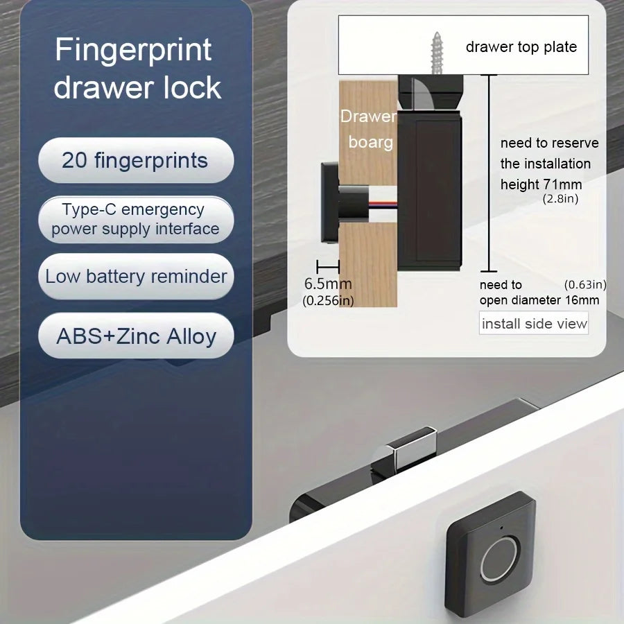 Compact ABS Fingerprint Drawer Lock Smart Biometric Security for Cabinets Shoe Lockers File Cabinets Easy to Install