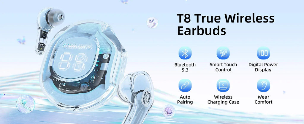 T8 Pro Transparent Bluetooth Earbuds with LED Display