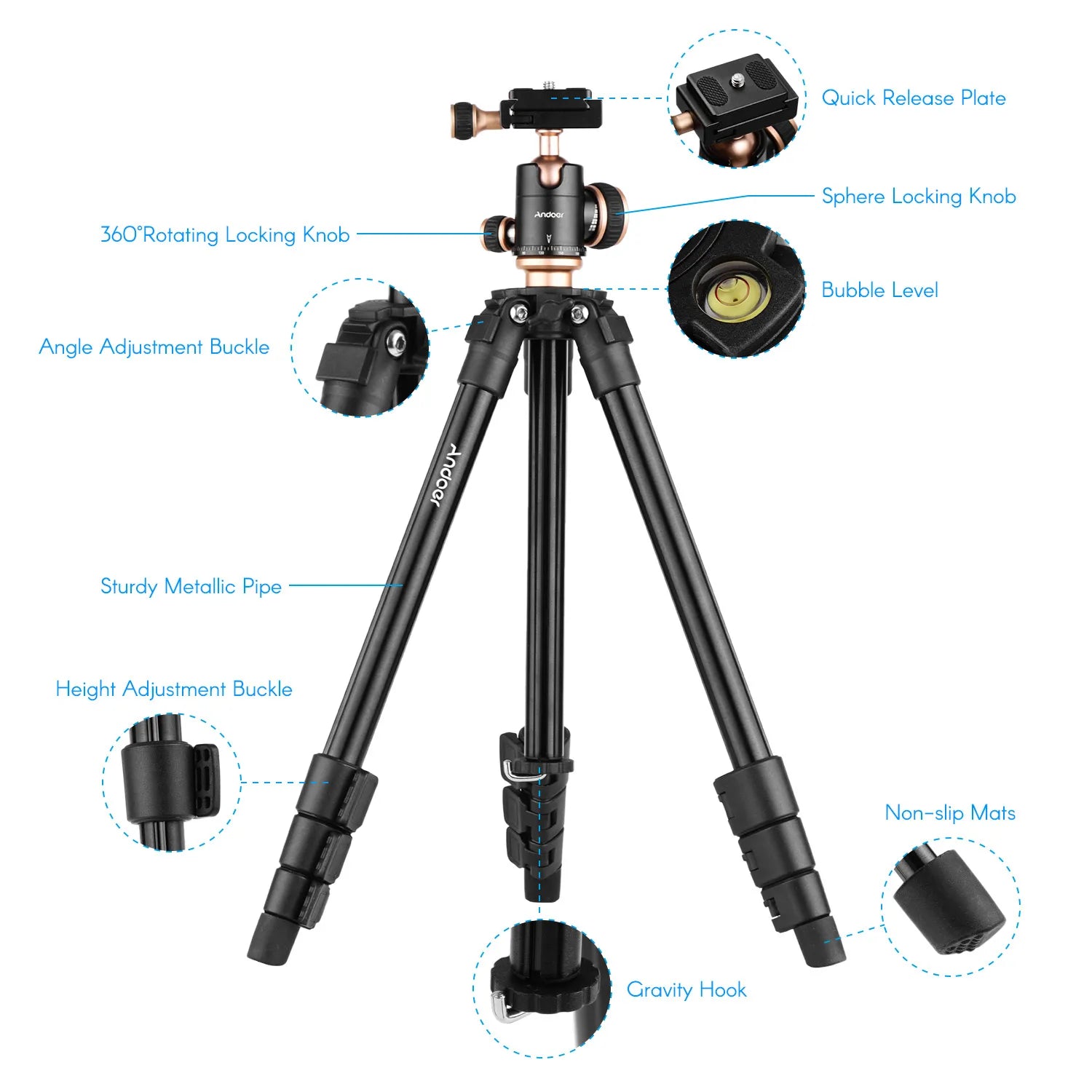 Camera Tripod Complete Tripods with Panoramic Ballhead Bubble Level Adjustable Height Portable Travel Tripod for DSLR Digital Ca