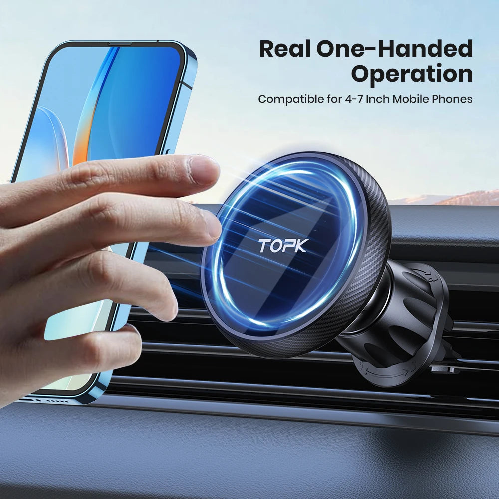 TOPK for Magsafe Car Phone Holder Powerful Magnetism Premium Quality Single-Hand Operation Metal Hook Magnetic Car Phone Mount