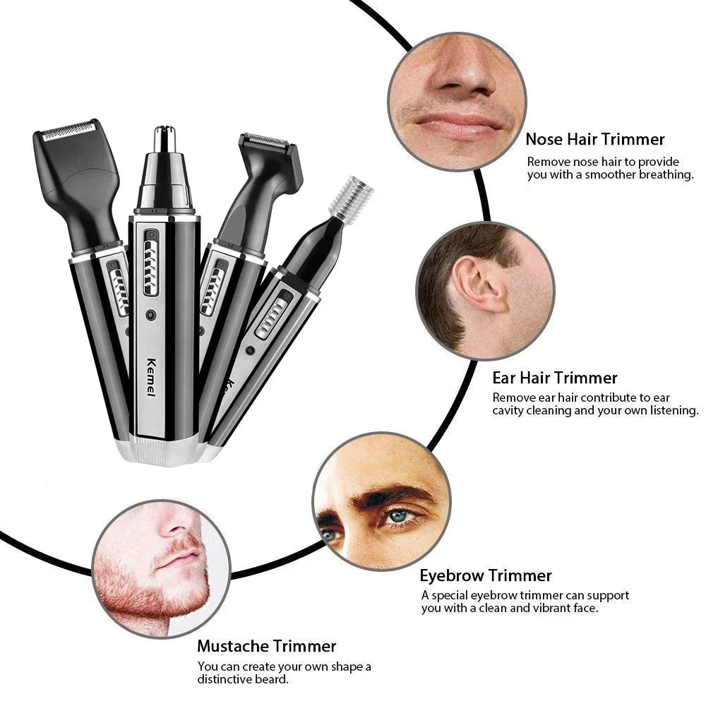 Kemei 4 in 1 Trimmer for Men Electric Nose and Ear Trimmer Rechargeable Trimmer for Hair Beard Nose and Ear Cleaner Grooming Set
