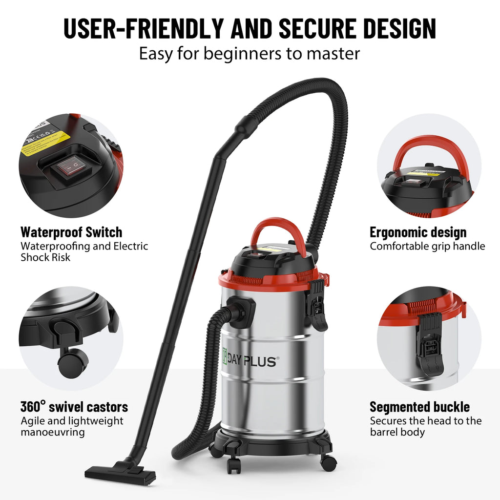 Wet & Dry Vacuum Cleaner 20L 6000W 20kpa 3 In 1 Blower Cleaning Portable Powerful Suction Industrial Vacuum with 4 Caster Wheels